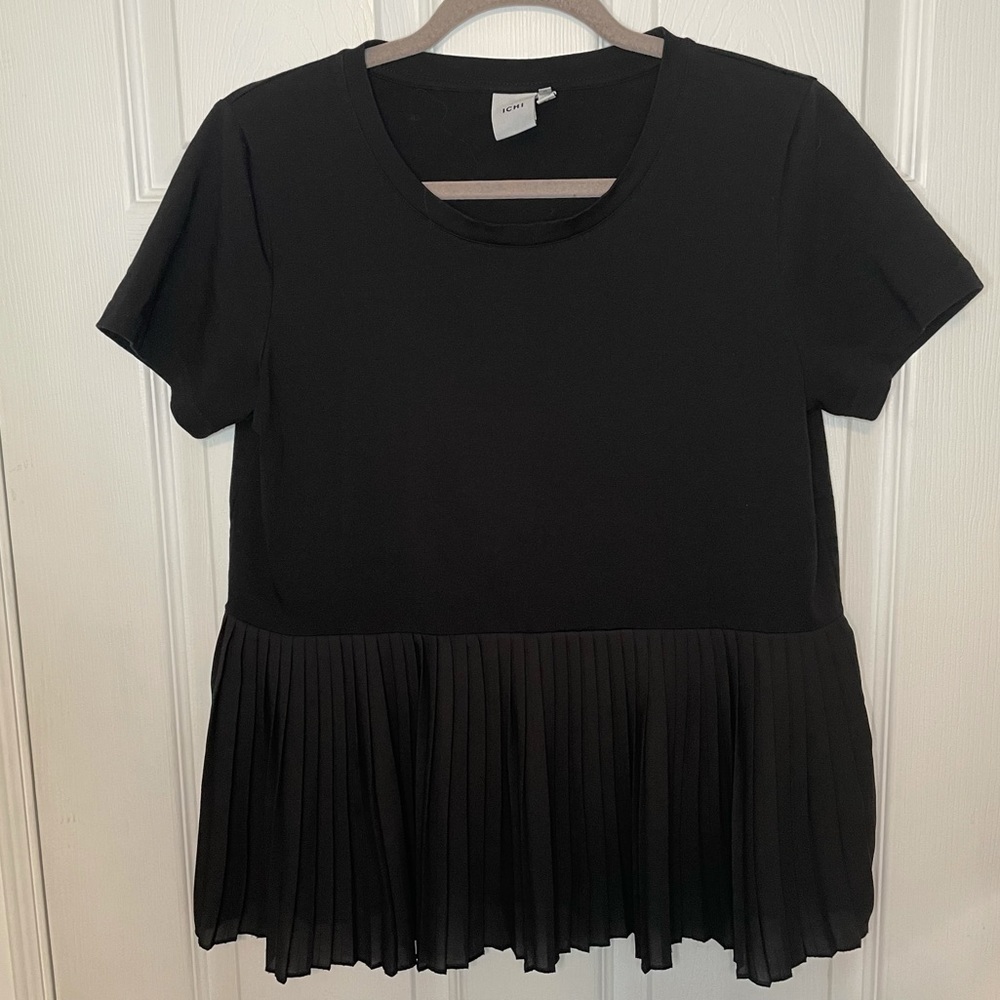 Ichi Black Peplum Crewneck Short Sleeve Top Small